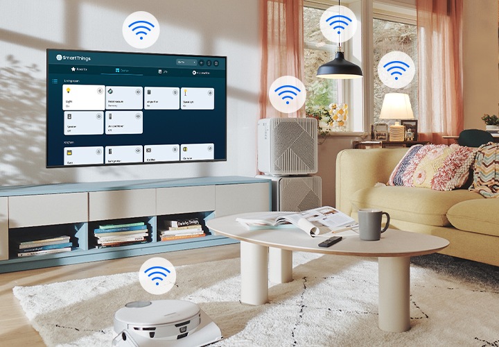 TV와 청소기 공기청정기가 Smartthings로 연결된 이미지가 보입니다.