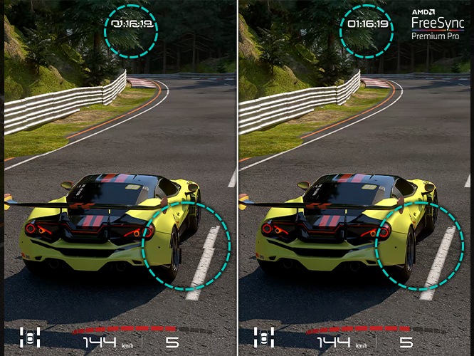 TV 화면을 분할해 AMD FreeSync 기능 on off 를 비교하여 보여줍니다. 좌측 이미지는 프리싱크 기능이 적용되지 않아, 화면의 밀림현상이 보이고 우측 화면은 프리싱크 기능이 적용되어 화면 밀림이 없는 이미지가 보입니다.
