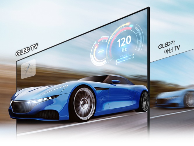 좌 : QLED 빠른 화면 반응 속도를 지원해 레이싱 게임에서도 끊김없는 화면을 보여줍니다. 우 : QLED 가 아닌 TV 레이싱 게임화면이 끊기는 이미지가 보입니다.