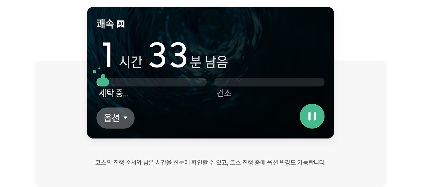 코스의 진행 순서와 남은 시간을 한눈에 확인할 수 있고, 코스 진행 중에 옵션 변경도 가능합니다 문구와 쾌속 코스에서 1시간 33분 남음 문구와 헹굼중 표시 건조 대기 상태 보여집니다