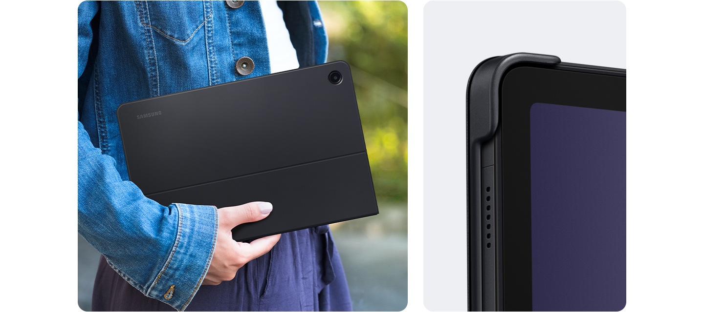 슬림 키보드 북커버를 장착한 갤럭시 탭 A9+를 옆구리에 편안하게 들고 있는 모습입니다. 오른쪽에는 슬림 키보드 북커버를 장착한 기기 모서리 부분이 보호되는 모습을 클로즈업하고 있습니다.