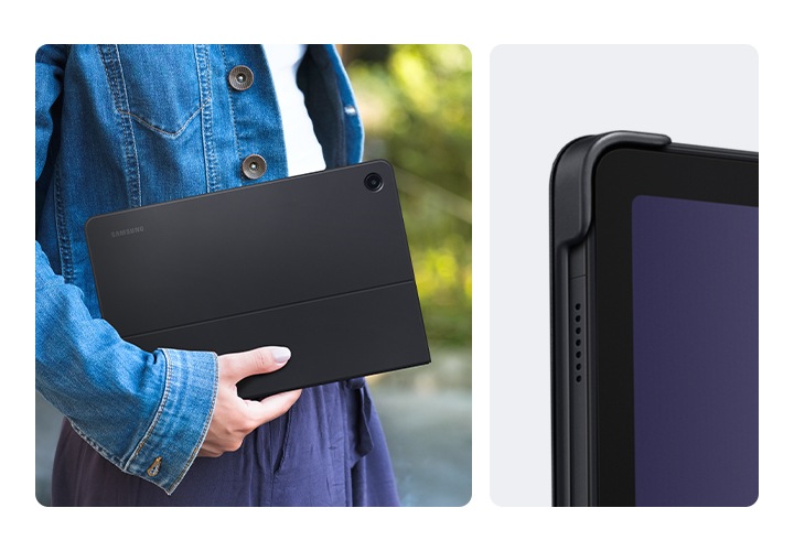 슬림 키보드 북커버를 장착한 갤럭시 탭 A9+를 옆구리에 편안하게 들고 있는 모습입니다. 오른쪽에는 슬림 키보드 북커버를 장착한 기기 모서리 부분이 보호되는 모습을 클로즈업하고 있습니다.