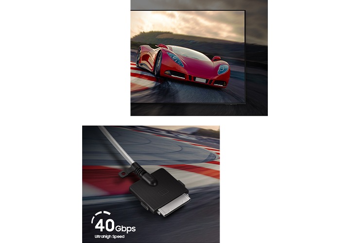 이미지가 2분할로 나뉘어 있습니다. 좌측에는 레이스 트랙과 매직케이블 커버 부분이 열린 헤드 부분이 보이고 하단에는 40 Gbps 최대속도 라는 아이콘 및 텍스트가 있습니다. 우측에는 레이싱카가 보입니다.