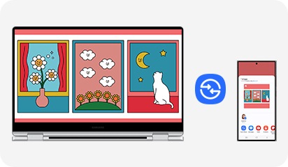 좌측의 갤럭시 북4 360과, 우측의 스마트폰에 동일한 일러스트 이미지가 띄워져 있으며, 각 제품의 가운데에는  Quick Share 기능을 표시하는 아이콘이 있습니다.