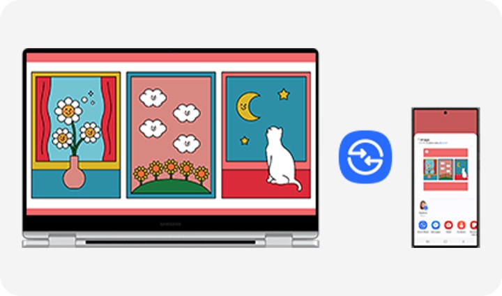 좌측의 갤럭시 북4 360과, 우측의 스마트폰에 동일한 일러스트 이미지가 띄워져 있으며, 각 제품의 가운데에는  Quick Share 기능을 표시하는 아이콘이 있습니다.