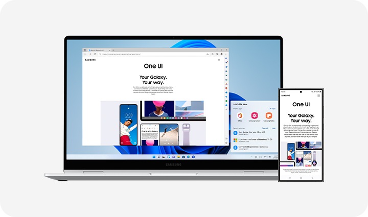 같은 화면을 보여주고 있는 오픈된 상태의 갤럭시 북4 360과 스마트폰이 배치되어 있습니다.