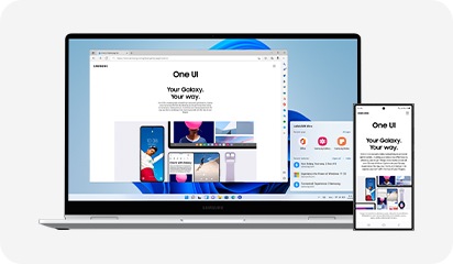 같은 화면을 보여주고 있는 오픈된 상태의 갤럭시 북4 360과 스마트폰이 배치되어 있습니다.