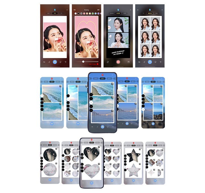 다양한 프레임과 스티커 기능을 활용하여 인물의 사진을 편집하는 이미지 입니다. 