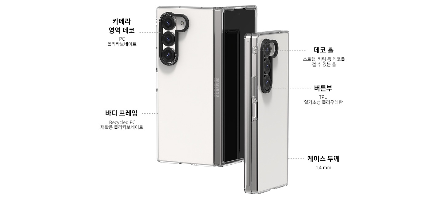 슬림 임프레션 케이스를 자세하게 소개하고 있는 이미지 입니다. 이미지 중간 부분에는 슬림 임프레션 케이스를 장착 후 90도 정도 접은 이미지와 완전히 접은 이미지가 겹쳐져 나열되어 있습니다. 이미지 왼쪽 상단부분에는 ‘카메라 영역 데코 PC 폴리카보네이트’ 텍스트가 카메라 영역 데코 이미지와 점선으로 연결되어 적혀 있고 왼쪽 하단 부분에는 ‘바디 프레임 Recycled PC 재활용 폴리카보네이트’ 텍스트가 바디 프레임 이미지와 점선으로 연결되어 있습니다. 이미지 오른쪽 상단부분에는 ‘데코 홀 스트랩, 키링등 데코를 걸 수 있는 홀’ 텍스트가 데코 홀 이미지와 점선으로 연결되어 적혀 있고 바로 아랫부분에는 ‘버튼부 TPU 열가소성 폴리우레탄’ 텍스트가 버튼부 이미지와 점선으로 연결되어 적혀 있습니다. 이미지 오른쪽 하단 부분에는 ‘케이스 두께 1.4 mm’ 텍스트가 케이스 이미지와 점선으로 연결되어 있습니다. 