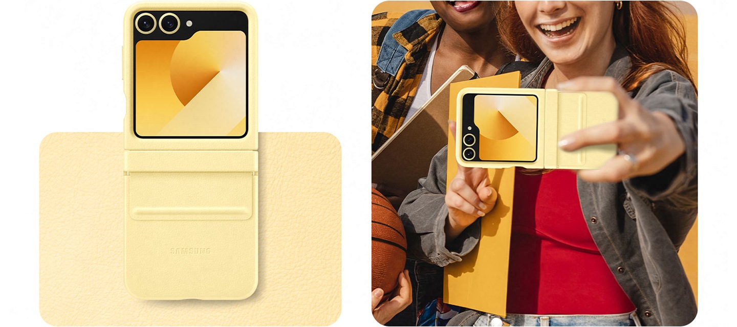 옐로우 컬러의 카인드수트 케이스를 장착한 스마트폰이 놓여있고 그 옆에는 여성이 동일한 제품을 손에 들고 셀카를 찍고 있는 이미지입니다.