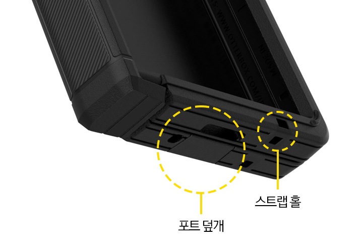 갤럭시 Z 폴드6 오터박스 디펜더 XT를 접은 뒤 하단 부분을 확대하여 포트 덮개와 스트랩 홀의 위치를 표시한 후 각각의 텍스트와 연결한 이미지입니다.