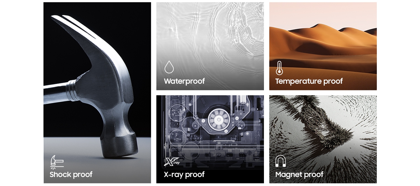 왼쪽 윗부분의 이미지는 망치의 머리 부분이 바닥으로 떨어지는 이미지와 왼쪽 상단부분에 Shock proof 텍스트와 망치가 바닥으로 떨어져 충격을 받는 아이콘이 그려져 있고 이미지 중간 윗쪽 부분에는 물의 튀기는 이미지와 이미지 왼쪽 하단에 water proof 텍스트와 물방울 아이콘이 그려져 있습니다. 이미지 중간 하단 부분의 이미지는 핸드폰의 안쪽 부분을 보여주는 이미지와 왼쪽 하단에 X-ray proof 텍스트와 X-ray 아이콘이 그려져 있습니다. 오른쪽 윗부분 이미지는 사막의 이미지와 이미지 왼쪽 하단에 Temperature proof 텍스트와 온도계 아이콘이 그려져 있고 오른쪽 아랫부분 이미지는 자석에 철 가루가 붙어있는 이미지와 왼쪽 하단 부분에 Magnet proof 텍스트와 U자 자석 아이콘이 그려져 있습니다. 