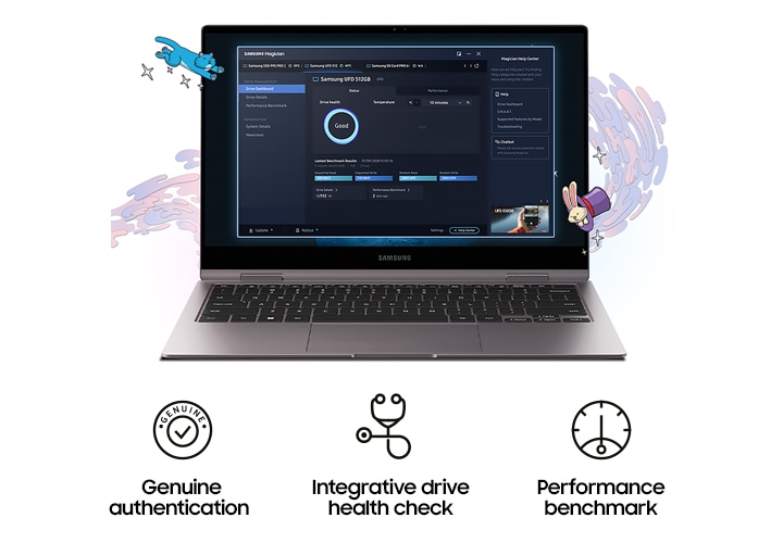 흰색 배경에 노트북이 켜진 화면에 Magician 소프트웨어를 사용하는 화면을 보여주는 이미지입니다. 노트북 뒤에는 액체가 흘러가는 그림 주위로 고양이 그림과 모자 안에 토끼가 있는 그림이 둘러싸여 있고 이미지 중앙 하단에는 왼쪽에서 순서대로 Genuine authentication 텍스트와 동그란 원 안에 체크 표시 아이콘, Intergrative drive health check 텍스트와 청진기 모양의 아이콘, Performance benchmark 텍스트와 동그란 원 안에 눈금과 눈금을 가리키는 아이콘이 있습니다.