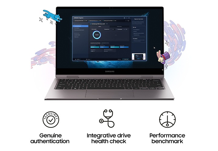 흰색 배경에 노트북이 켜진 화면에 Magician 소프트웨어를 사용하는 화면을 보여주는 이미지입니다. 노트북 뒤에는 액체가 흘러가는 그림 주위로 고양이 그림과 모자 안에 토끼가 있는 그림이 둘러싸여 있고 이미지 중앙 하단에는 왼쪽에서 순서대로 Genuine authentication 텍스트와 동그란 원 안에 체크 표시 아이콘, Intergrative drive health check 텍스트와 청진기 모양의 아이콘, Performance benchmark 텍스트와 동그란 원 안에 눈금과 눈금을 가리키는 아이콘이 있습니다.