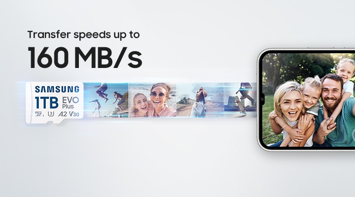 이미지 오른쪽 부분에는 사진을 찍고 있는 가족의 이미지가 보이고 있고 스마트폰 뒤쪽으로 웃는 사람 사진, 하늘은 보는 사람의 옆모습, 보드를 타는 사람의 사진등이 흐리게 나열되어 있습니다. 이미지 왼쪽 부분에는 메모리카드의 정면 이미지가 보이고 있고 이미지 상단에는 Transfer speeds up to 160 MB/s 가 적혀 있습니다.