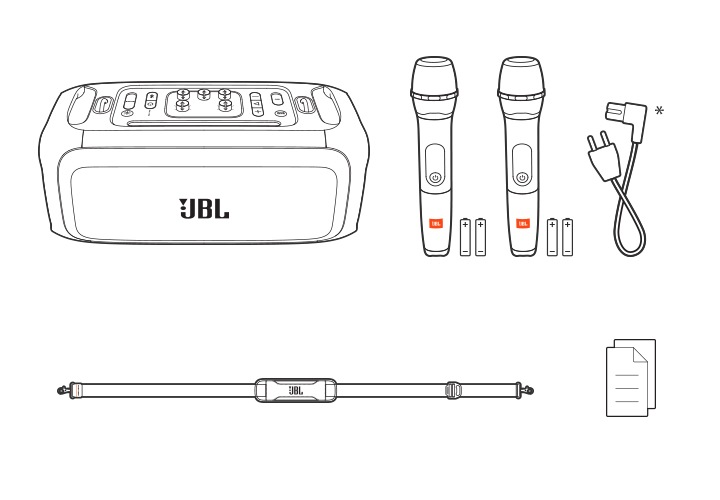 구성품 안내 이미지 입니다. 제품 본체, 마이크 2개 & AA 건전지, 스트랩, 충전선, 사용설명서 아이콘이 보입니다.