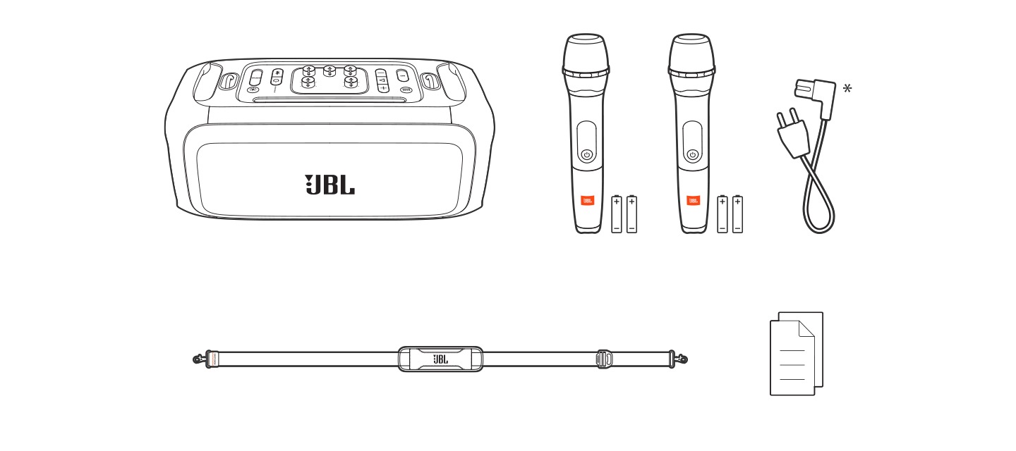 구성품 안내 이미지 입니다. 제품 본체, 마이크 2개 & AA 건전지, 스트랩, 충전선, 사용설명서 아이콘이 보입니다.