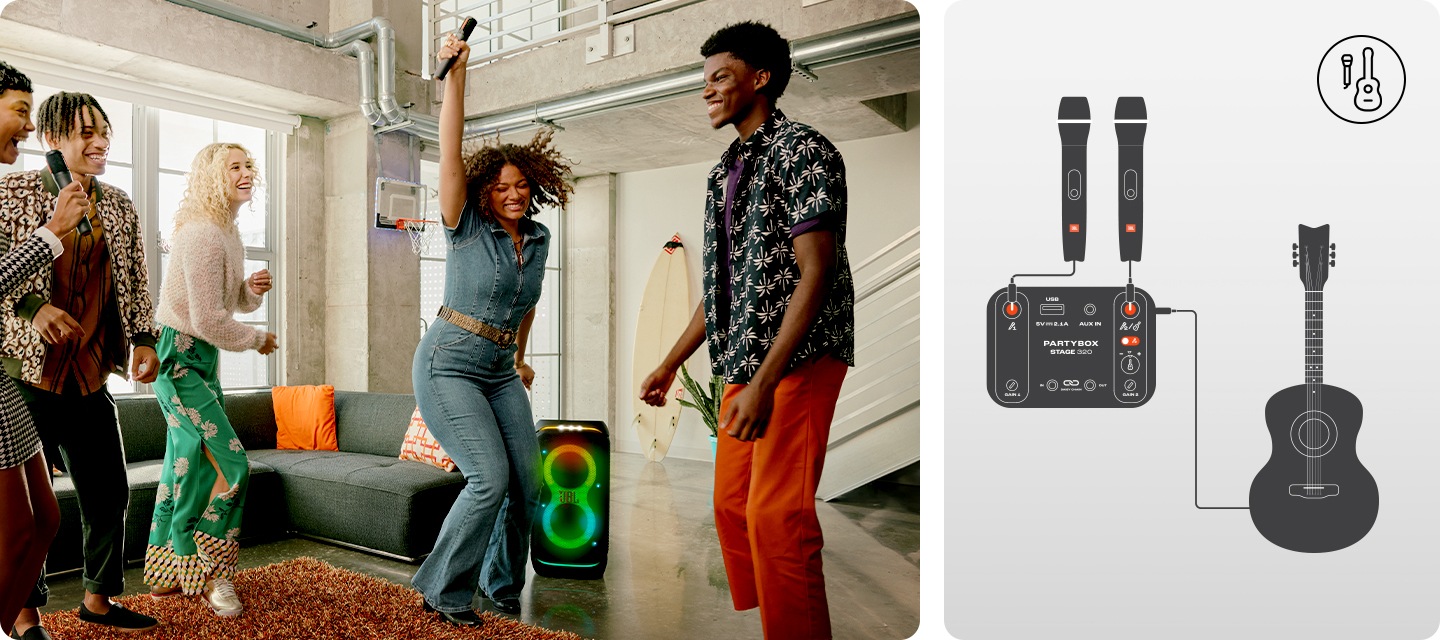 왼 : 제품 주변에 여성 두명이 마이크를 들고 있고 주변에 다른 사람들과 신나게 웃고 있습니다. 오 : 제품에 마이크와 기타를 연결하는 방법을 보여주는 이미지가 있습니다.