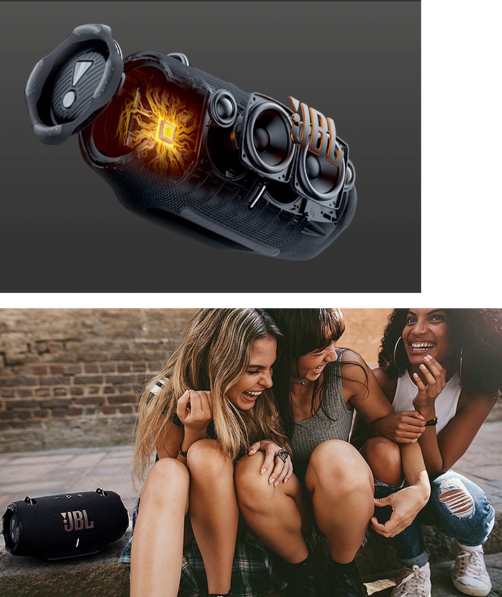 왼 : 제품의 좌측 45도 이미지가 보이며 우퍼, 드리아버, 베이스 라이에이터의 위치가 상세하게 보입니다. 오 : 여성 3명이 붙어 앉아서 웃고 있으며, 여성 왼쪽에는 제품이 놓여 있습니다.