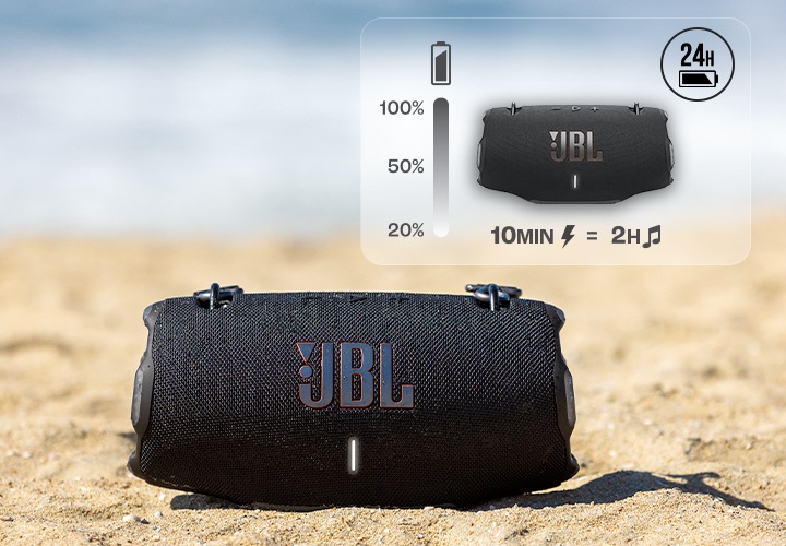 모래사장 위 제품이 놓여 있습니다. 오른쪽 상단에는 제품의 정면컷과 배터리 소모량 표시 방법, 10분 충전 시 2시간 사용 가능 표시가 표현되어 있습니다.