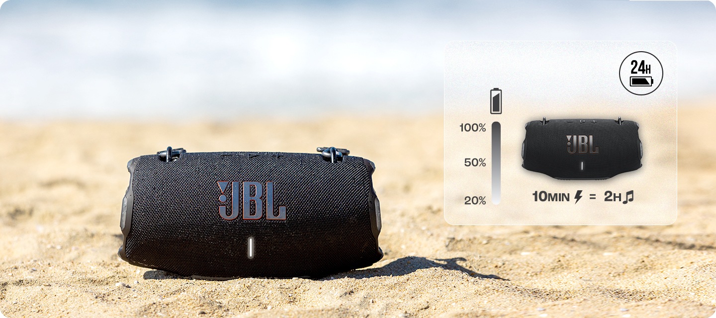 모래사장 위 제품이 놓여 있습니다. 오른쪽 상단에는 제품의 정면컷과 배터리 소모량 표시 방법, 10분 충전 시 2시간 사용 가능 표시가 표현되어 있습니다.