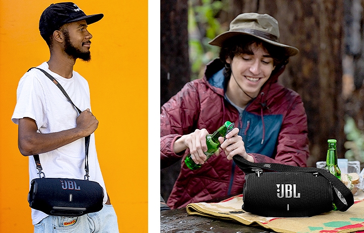 왼 : 남성이 제품에 스트랩을 연결하여 어깨에 걸쳤습니다. 오 : 숲에서 남성이 스트랩에 달리 오프너로 음료를 열고 있습니다.