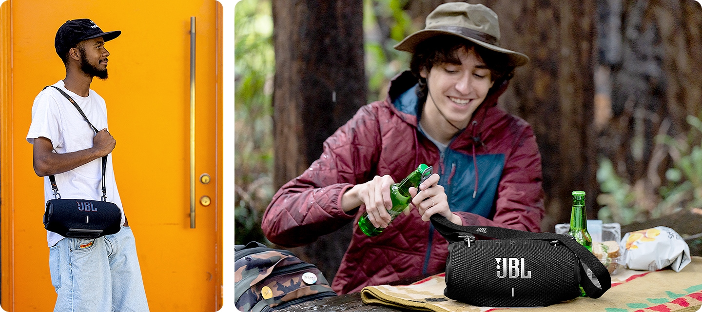 왼 : 남성이 제품에 스트랩을 연결하여 어깨에 걸쳤습니다. 오 : 숲에서 남성이 스트랩에 달리 오프너로 음료를 열고 있습니다.