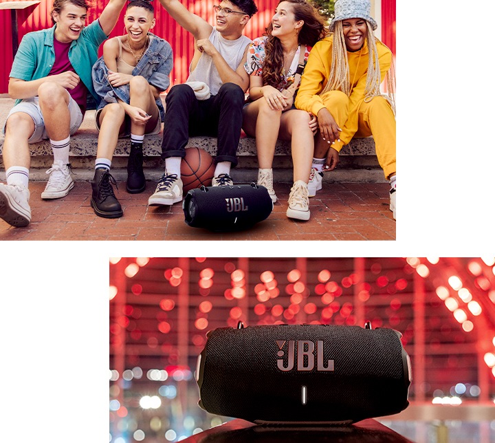 왼 : 사람들이 바닥에 앉아있으며, 가운데 앉아있는 남성과 왼쪽 끝에 앉은 남성이 하이파이브를 하고 있습니다. 가운데 앉은 남성 앞에는 제품이 놓여 있습니다. 오 : 붉은색 배경 앞에 제품이 놓여 있습니다.