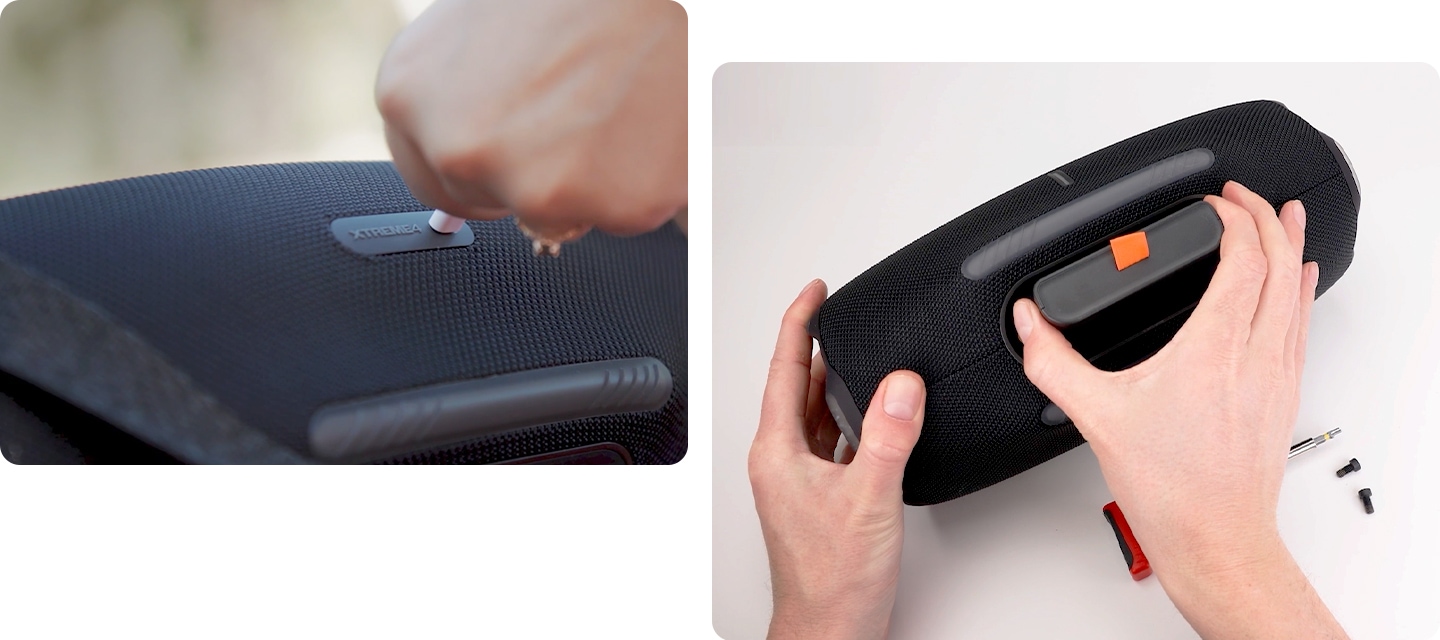 왼 : 제품에 충전기 선을 꼽고 있습니다. 오 : 내장된 보조 배터리를 꺼내고 있습니다.