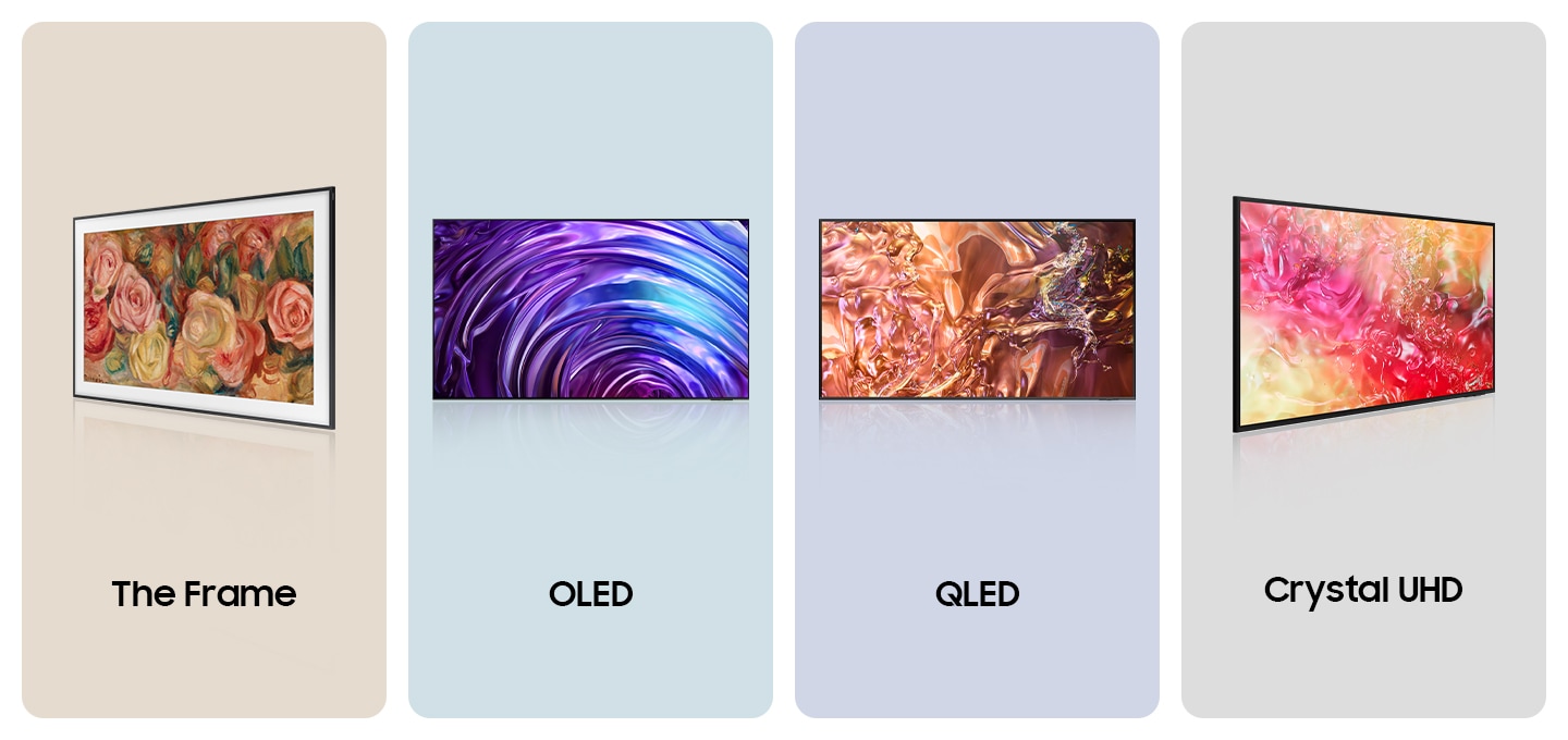 The Frame, OLED, QLED, Crystal UHD tv 모습이 보입니다.