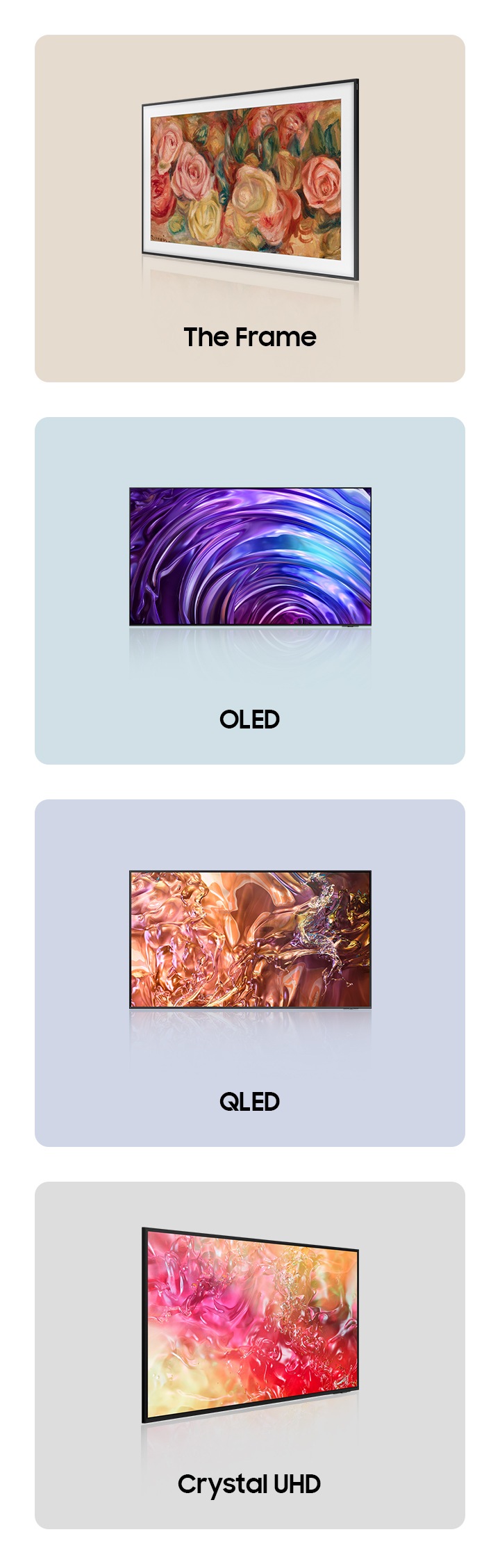 The Frame, OLED, QLED, Crystal UHD tv 모습이 보입니다.