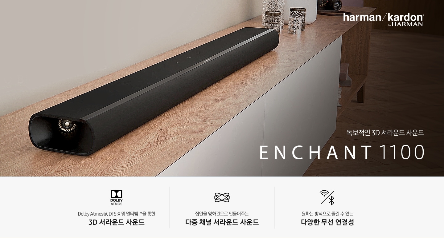 장식장 위에 사운드바가 설치되어 있습니다. 독보적인 3D 서라운드 사운드 ENCHANT 1100 KV입니다. 하단에는 Dolby Atmos®, DTS:X 및 멀티빔™을 통한 3D 서라운드 사운드, 집안을 영화관으로 만들어주는  다중 채널 서라운드 사운드, 원하는 방식으로 즐길 수 있는 다양한 무선 연결성 문구와 아이콘이 있습니다.
