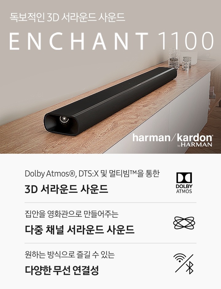 장식장 위에 사운드바가 설치되어 있습니다. 독보적인 3D 서라운드 사운드 ENCHANT 1100 KV입니다. 하단에는 Dolby Atmos®, DTS:X 및 멀티빔™을 통한 3D 서라운드 사운드, 집안을 영화관으로 만들어주는  다중 채널 서라운드 사운드, 원하는 방식으로 즐길 수 있는 다양한 무선 연결성 문구와 아이콘이 있습니다.