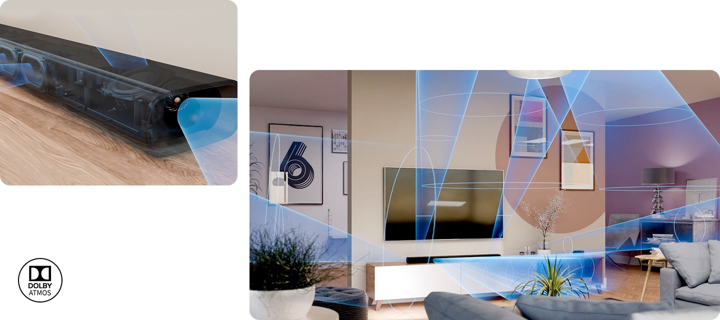 왼 : 사운드바 측면 45도 이미지가 보이며, 사운드바에서는 음향효과가 나옵니다. 오 : 사운드바에서 음향효과가 나와 거실 공간을 채우고 있습니다.