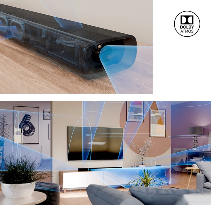 왼 : 사운드바 측면 45도 이미지가 보이며, 사운드바에서는 음향효과가 나옵니다. 오 : 사운드바에서 음향효과가 나와 거실 공간을 채우고 있습니다.