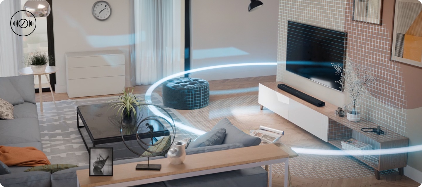 방안 장식장 위에 사운드바가 놓여 있습니다. 장식장 위에는 화병, 캔들, 카메라 놓여 있으며, 아래에는 책들이 놓여 있습니다. 방안에는 동그랗게 음향효과가 퍼져 나가고 있습니다.