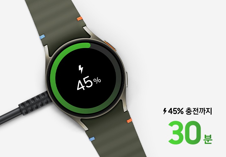 고속 충전 독에 연결되어 있는 갤럭시 워치의 모습을 위에서 내려다본 모습입니다. 시계 화면에는 충전 상태가 45%로 표시되어 있습니다. 오른쪽 하단의 텍스트에는 '30분 만에 45% 충전'이라는 문구가 보이고 있습니다.
