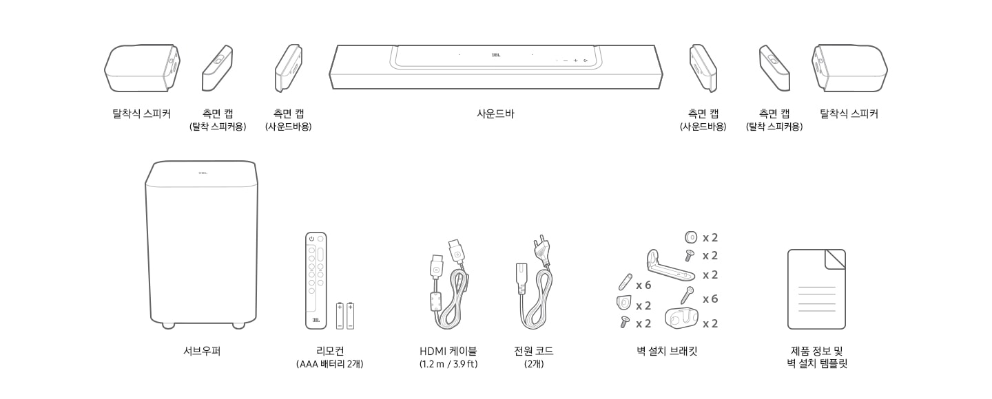 bar 800의 구성품 안내페이지로서 사운드바 및 탈착식 스피커와 측면에 끼울 수 있는 캡, 서브우퍼 및 전원코드, HDMI 케이블 과 리모컨 벽걸이 설치시 필요한 설치 브래킷, 제품 정보 및 벽설치 템플릿이 일러스트로 깔끔하게 하얀 바탕에 진회색의 라인으로 그려져 한 눈에 보기 좋도록 제작되어 있습니다.