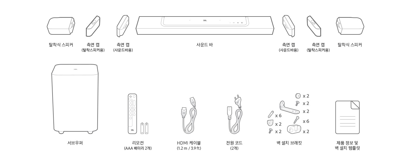 bar 1000의 구성품 안내페이지로서 사운드바 및 탈착식 스피커와 측면에 끼울 수 있는 캡, 서브우퍼 및 전원코드, HDMI 케이블 과 리모컨 벽걸이 설치 시 필요한 설치 브래킷, 제품 정보 및 벽설치 템플릿이 일러스트로 깔끔하게 하얀 바탕에 진회색의 라인으로 그려져 한 눈에 보기 좋도록 제작되어 있습니다.