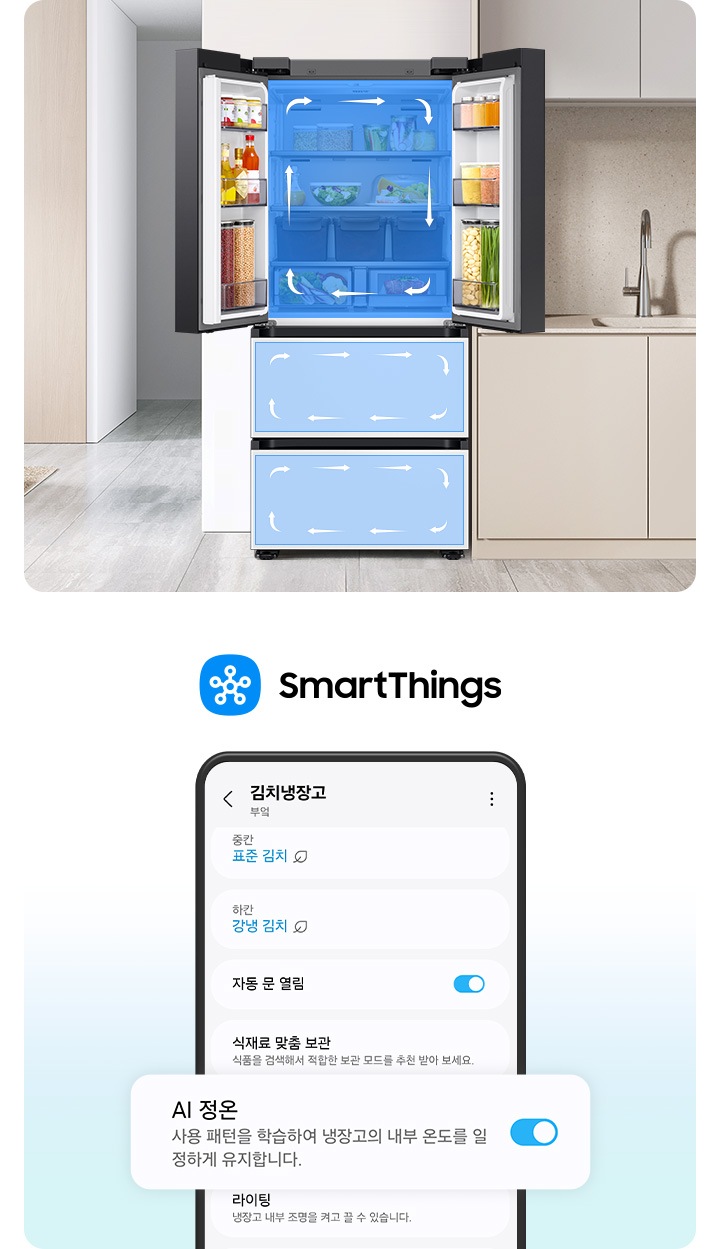 스마트싱스로 사용 가능한 AI 정온 모드를 설명하는 이미지입니다. 좌측에는 스마트싱스 앱에서 김치냉장고 상태를 확인할 수 있는UI 화면이 나와있습니다. 중앙에 AI 정온 모드가 켜진 화면이 확대되어 있으며 AI 정온-사용 패턴을 학습하여 냉장고의 내부 온도를 일정하게 유지합니다. 문구가 나와있습니다.  우측에는 주방 인테리어 속 중앙에 위치한 김치냉장고의 상칸이 문이 열려있고, AI 정온 모드 아이콘이 가운데 위치하고 있습니다. 김치냉장고의 상/중/하칸에는 AI 맞춤운전으로 신선한 느낌을 주는 화살표가 시계방향으로 회전하는 이미지 입니다. 김치냉장고 좌측에는 우드톤으로 된 벽장에 각종 오브제가 놓여있고 우측에는 베이지색 패널의 하부장 위에 수전과 도마가 놓여있는 연출된 이미지 입니다.