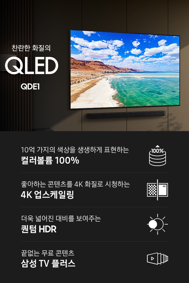 벽면에 TV와 사운드바가 설치되어 있습니다. TV 화면에는 해변이 보입니다. TV 오른쪽에는 장식장이 있으며, 장식장에는 책과 장식품이 놓여 있습니다. 찬란한 화질의 QLED QDE1 KV입니다. KV 하단에는 10억 가지의 색상을 생생하게 표현하는 컬러볼륨 100%, 좋아하는 콘텐츠를 4K 화질로 시청하는 4K 업스케일링, 더욱 넓어진 대비를 보여주는 퀀텀 HDR, 끝없는 무료 콘텐츠 삼성 TV 플러스 문구와 아이콘이 있습니다.