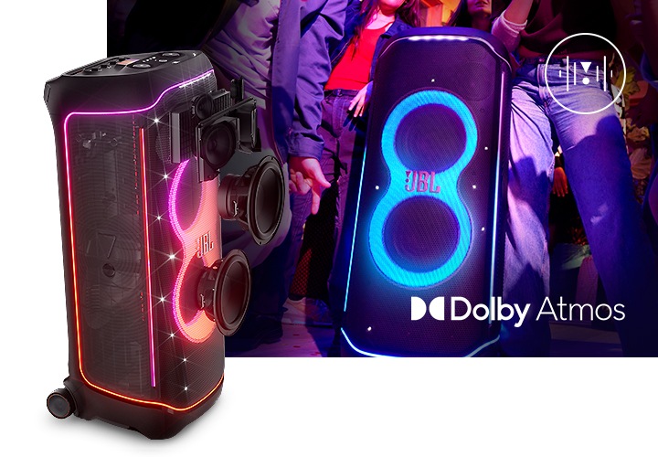 왼쪽에는 제품의 엑스레이 컷이 보이며, 오른쪽에는 제품 주위에 사람들이 춤을 추고 있습니다.