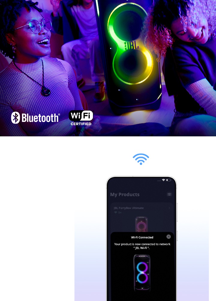 왼쪽에는 제품 주변에 사람들이 앉아 있습니다. 오른쪽에는 스마트폰이 보이며, 화면에는 JBL One 앱 화면 중 Wi-Fi Connected 화면이 보입니다. 스마트폰 위로는 Wi-Fi 아이콘이 보입니다.