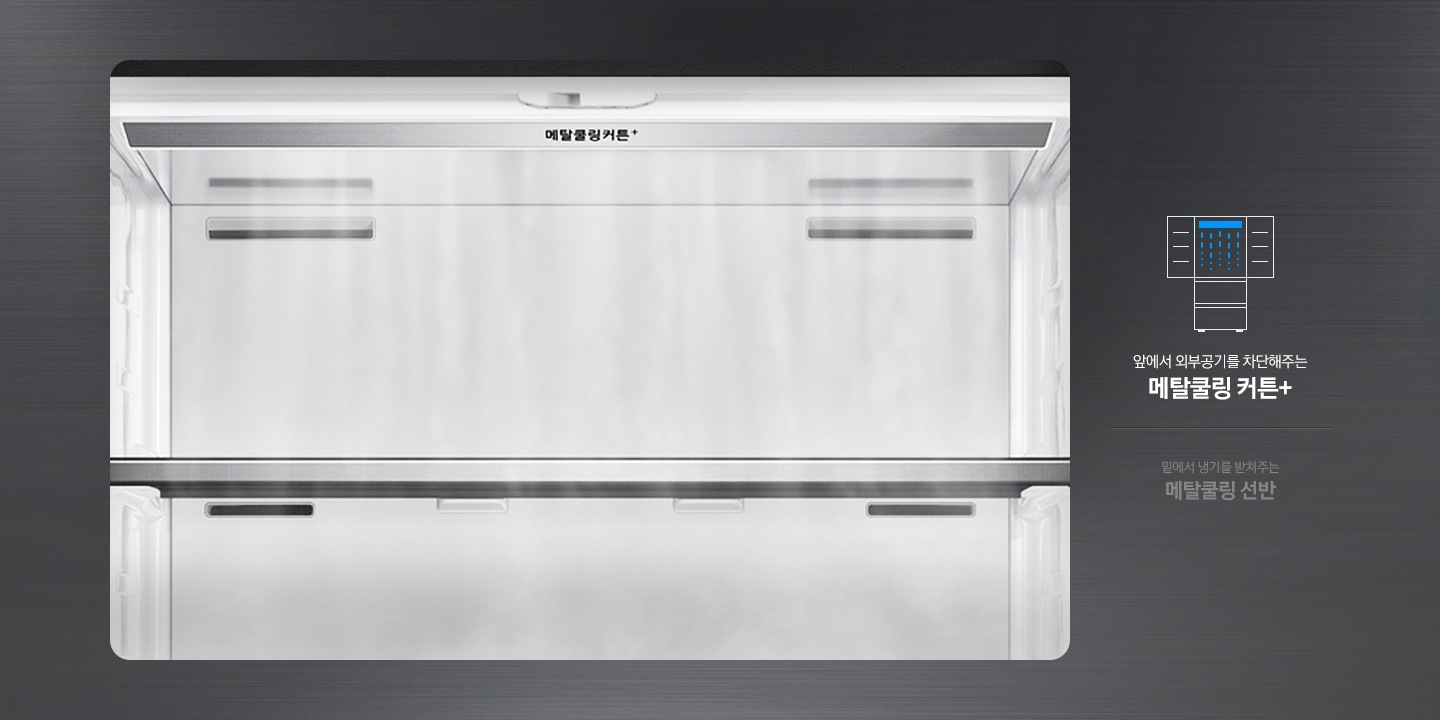 김치냉장고 내상 메탈쿨링 커튼+ 부분이 확대되어 있는 이미지로 내상에 냉기가 감도는 연출된 이미지 입니다. 내상컷 우측 중앙 김치냉장고 상칸이 오픈된 일러스트에 커튼+ 부분이 파란색으로 칠해져 있습니다. 일러스트 하단에 앞에서 외부공기를 차단해주는 메탈쿨링 커튼+ 문구가 나와있습니다. 커튼+ 일러스트와 문구 위로는 회색 글씨로 뒤에서 냉기를 감싸주는 메탈쿨링 커버 문구, 아래로는 밑에서 냉기를 받쳐주는 메탈쿨링 선반 문구가 나와있습니다.