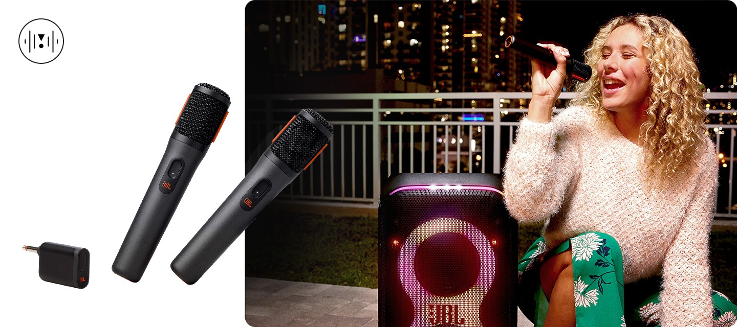 오른쪽에는 JBL PARTYBOX 스피커 옆에 앉은 여성이 마이크를 들고 노래를 부르고 있습니다. 왼쪽에는 마이크와 동글 제품컷이 보입니다.