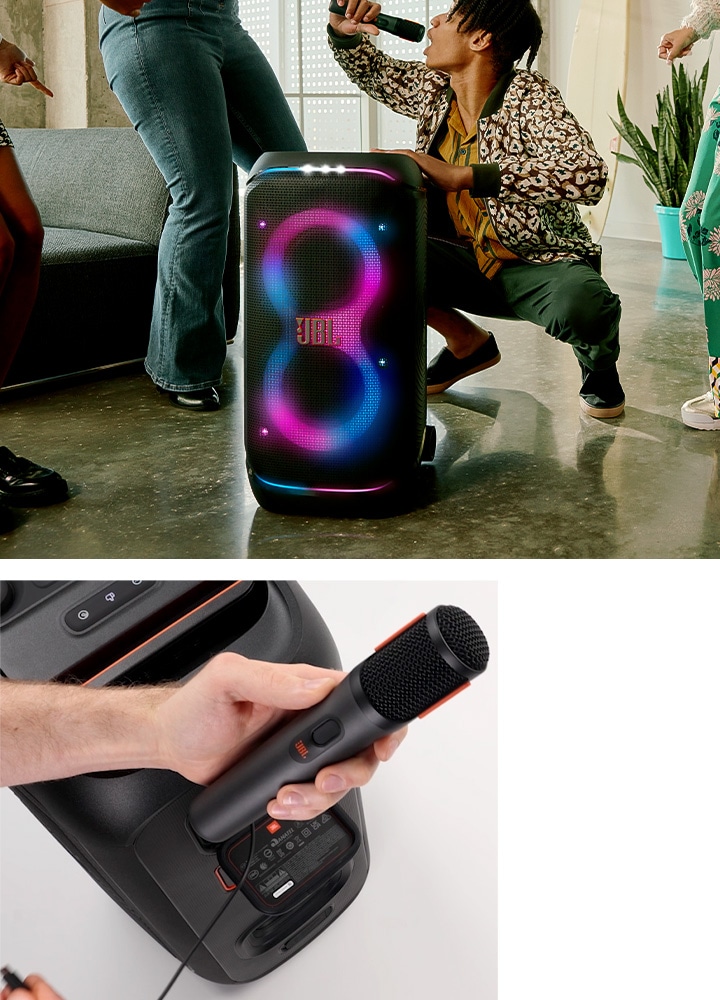 왼쪽에는 JBL PARTYBOX 스피커에 마이크를 연결하는 이미지가 보입니다. 오른쪽에는 JBL PARTYBOX 스피커 옆에 남성이 앉아서 마이크를 들고 노래를 부르고 있으며, 그 주위에 사람들이 춤을 추고 있습니다.