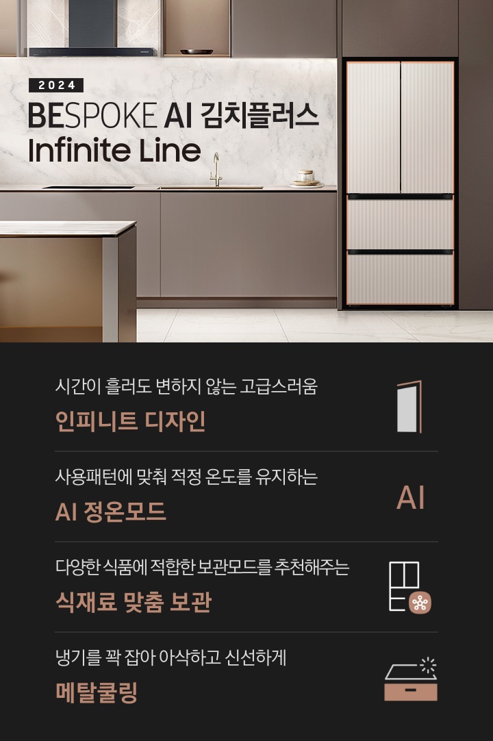 2024 BESPOKE 김치플러스 Infinite Line 인테리어컷입니다. 브라운톤 주방 좌측 냉장고장에 Infinite Line 김치플러스 4도어 키친핏 냉장고가 설치되어 있습니다. 좌측에는 유리선반에 각종 오브제가 놓여있습니다. 냉장고 우측으로는 싱크대와 인덕션, 도마 등 각종 오브제가 놓여 있고 인덕션 위에 후드가 설치되어 있으며 선반에는 그릇 등 식기가 놓여있습니다. 싱크대 앞쪽으로는 브라운톤의 아일랜드 식탁과 금색 다리의 스툴이 놓여있습니다. 인테리어컷 하단에는 4POD 문구와 아이콘이 나와있습니다. 좌측부터 시간이 흘러도 변하지 않는 고급스러움 인피니트 디자인 문구와 아이콘, 사용패턴에 맞춰 적정 온도를 유지하는 AI 정온 모드 문구와 아이콘, 다양한 식품에 적합한 보관모드를 추천해주는 식재료 맞춤 보관 문구와 아이콘, 냉기를 꽉 잡아 아삭하고 신선하게 메탈쿨링 문구와 아이콘이 나와있습니다.