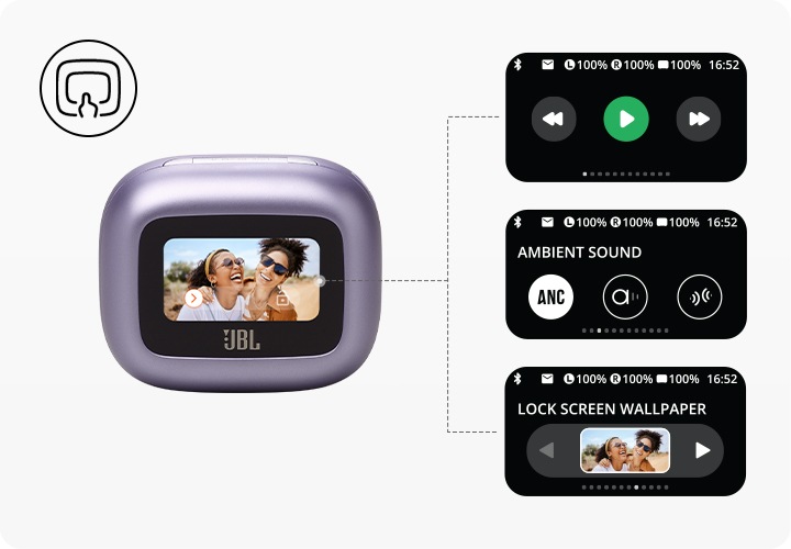 퍼플 컬러의 제품 윗면컷 오른쪽에 스마트 케이스에서 제어 가능한 디스플레이가 보입니다.