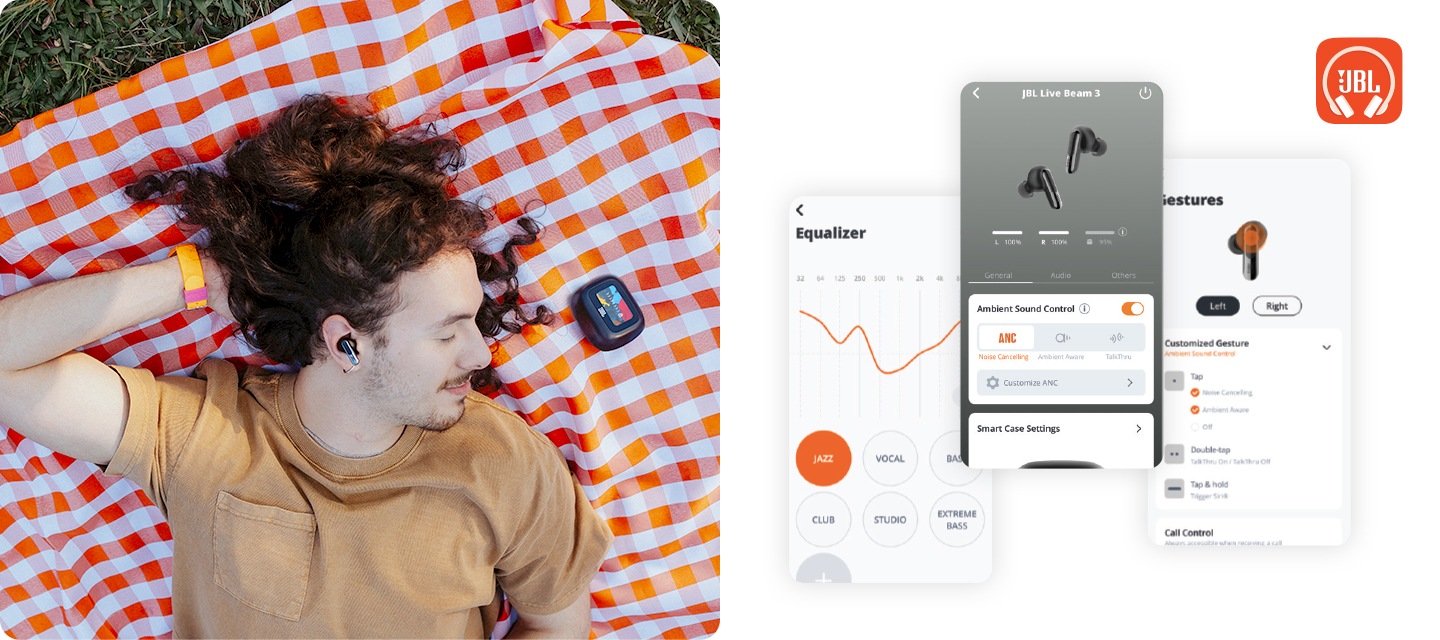 왼쪽에는 귀에 이어폰을 착용한 남성이 돗자리 위에 누워있습니다. 남성 오른쪽에는 블랙 컬러의 제품이 놓여 있습니다. 오른쪽에는 JBL Headphones 앱 화면이 보입니다.