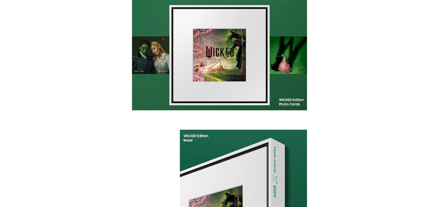위에는 위키드 에디션 포토 카드가 장착된 뮤직 프레임이 보입니다. 아래에는 위키드 에디션 배젤이 장착된 뮤직 프레임의 오른쪽 상단이 보입니다.